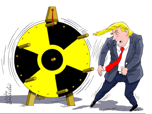 Cartoon: Trump turns the unfortune wheel. (medium) by Cartoonarcadio tagged nuclear,power,iran,north,kora,usa,us,presidnt