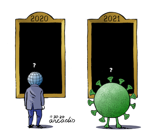 Cartoon: Two years and two panoramas. (medium) by Cartoonarcadio tagged coronavirus,covid,19,health,vaccine,2021,two