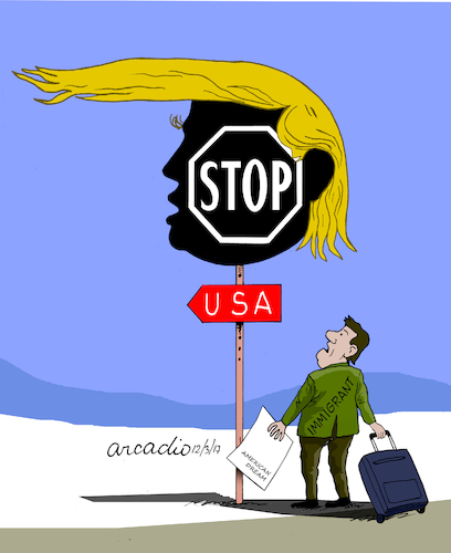 Cartoon: US Quit Migration Pact. (medium) by Cartoonarcadio tagged usa,trump,foreign,affairs,us,president