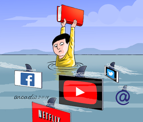 Cartoon: Virtual menaces. (medium) by Cartoonarcadio tagged books,internet,youtube,facebook,twitter,netflix