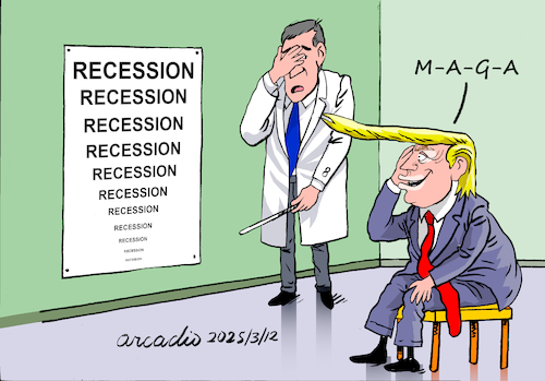 Cartoon: What Trump reads on the chart. (medium) by Cartoonarcadio tagged economy,trump,dow,jones,tariffs