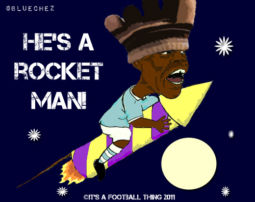 Cartoon: Balotelli - Over the Moon (medium) by bluechez tagged mario,balotelli,manchester,city,rocket,firework,football,premiership