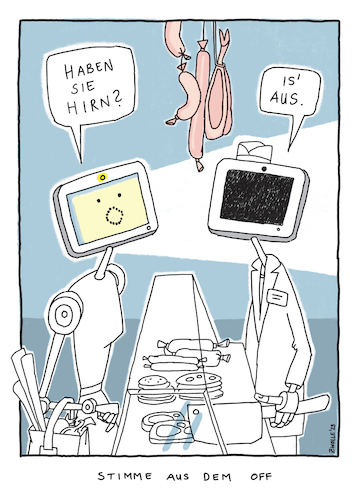 Cartoon: Haben Sie Hirn? (medium) by toonwolf tagged ki,ai,künstliche,intelligenz,metzger,hirn,aus,an,eingeschaltet,ausgeschaltet,ausschalten,abwesend,einkauf,transformation,technik,ersetzen,substitution