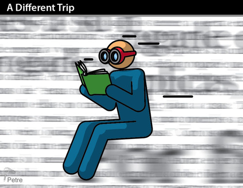 Cartoon: A DIFFERENT TRIP (medium) by PETRE tagged books,reading,creativity,landscape