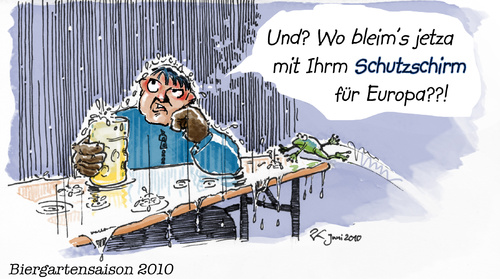 Cartoon: Euro-Schutzschirm (medium) by Peter Knoblich tagged schutzschirm,rettungsschirm,euro,merkel,krise,schirm,bier,sommer,regen,bayern