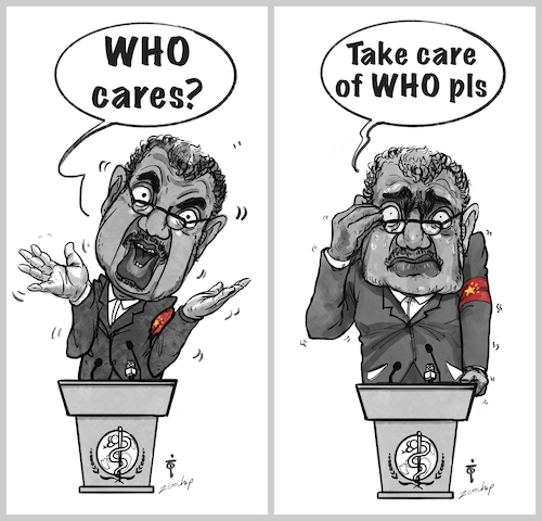 Cartoon: Before and after (medium) by thinhpham tagged who,tedros,covid19,coronavirus,zenchip,us,china