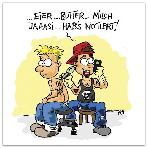 Cartoon: Verliebte Tätowierer.... (medium) by ALEXander tagged tattoo,einkaufsliste,tätowierer,verliebt,notizen