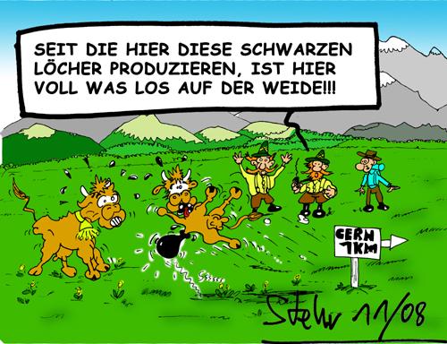 Cartoon: Die Wahrheit über CERN (medium) by Matthias Stehr tagged cern,genf,wissenschaft,technik,physik