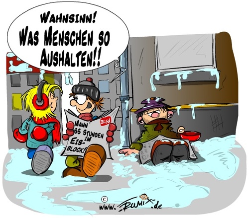 Cartoon: 66 Stunden (medium) by Trumix tagged 66,stunden,66stunden,rekord,eiswuerfel,aufenthaltsrekord,belastbarkeit,arbeitslose,hartz4,harz4,obdachlos,sozialstaat,strassenkünstler