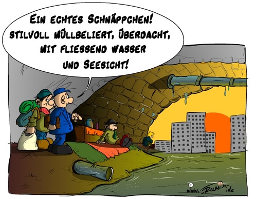 Cartoon: Es wird eng unter der Brücke (medium) by Trumix tagged finanzkrise,markler,immobilien,immobilienmarkt,krise,geschaeftsfelder,hartz4,alg,arbeitslos,arbeitslosengeld,obdachlos,sozialstaat,strassenkünstler