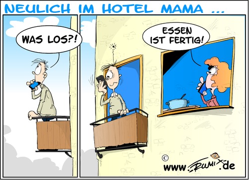 Cartoon: HotelMama  Essen ist fertig (medium) by Trumix tagged hotel,mama,kommunikation,jugend,kinder,nesthocker,trummix,hotel,mama,kommunikation,jugend,kinder,nesthocker,trumix