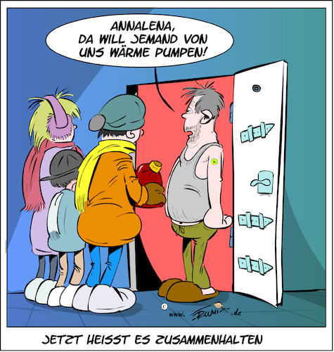 Cartoon: Jetzt heißt es Zusammenhalten .. (medium) by Trumix tagged finanzierung,strompreise,stromversorgung,subvention,waermepumpen,finanzierung,strompreise,stromversorgung,subvention,waermepumpen