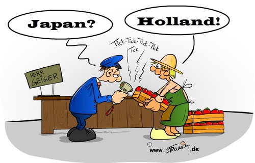 Cartoon: Lebensmittelkontrolle (medium) by Trumix tagged tomaten,strahlung,radioaktivität,lebensmittelkontrolle,kernkraft,japan,holland,geigerzähler,akw,fukushima