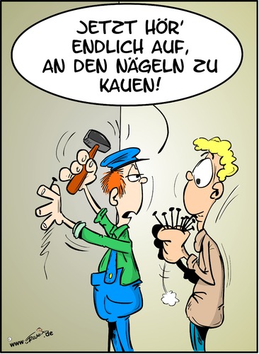 Cartoon: Nägelkauen gehört sich nicht (medium) by Trumix tagged nägelkauen,nervös,nervosität,hetze,live,balance,entschleunigen,trummix,nägelkauen,nervös,nervosität,hetze,live,balance,entschleunigen,trummix,nägel,hammer,wand