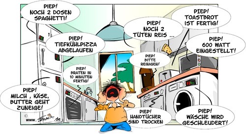 Cartoon: Neulich in einer modernen Küche (medium) by Trumix tagged kueche,modernes,leben,computer,kuehlschrank,toaster,kueche,modernes,leben,computer,kuehlschrank,toaster,kreischen,zu,viel