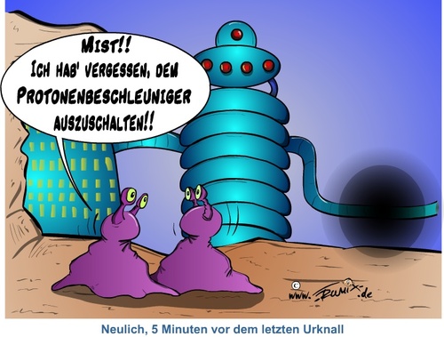 Cartoon: Neulich vor dem Urknall (medium) by Trumix tagged cern,genf,schwarzes,loch,teilchenbeschleuniger,protonenkanone,forschung,urknall,trummix,big,bang,bigbang