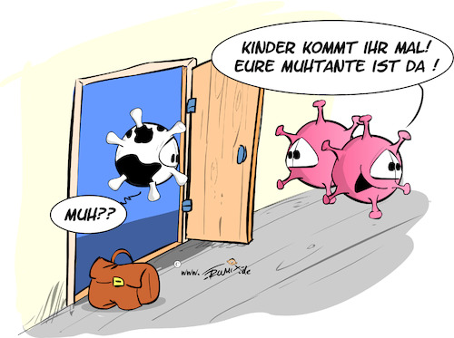 Cartoon: Unewarteter Besuch  die Mutante (medium) by Trumix tagged corona,hotline,verdacht,panik,hamsterkäufe,vorratskäufe,virus,kontaktsperre,mehrwertsteuersenkung,mehrwertsteuer,schol,wumms,aus,der,krise,bazooka,zweite,welle,pleitewelle,merkel,maskenpflicht,mutante