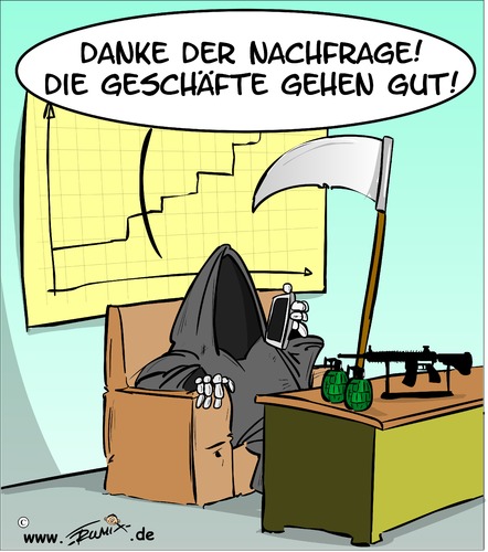 Cartoon: Waffenhandel (medium) by Trumix tagged waffenexport,zukunfteuropa,geld,export,refugees,asylanten,trummix,waffenexport,zukunfteuropa,geld,export,refugees,asylanten,trummix,tod,sensenmann,sense,waffe