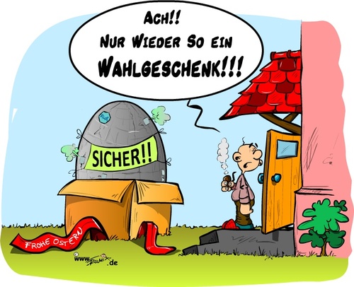 Cartoon: Wahlgeschenk (medium) by Trumix tagged kkw,trummix,stresstest,sicherheitsueberpruefung,merkel,eu,energie,atomkraft,akw,atom,atomenergie,japan,fukoshima,kraftwerk,strahlung,gau,supergau,bundesregierung,brennstäbe,reaktormantel,kühlsystem,innenpolitik,wahlen,sicherheit