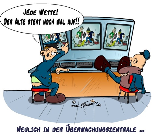 Cartoon: Wetten dass ... (medium) by Trumix tagged gewaltenteilung,zivilcourage,angst,mut,pruegelei,agression,schlaegerei,trummix,wetten,videoueberwachung,video