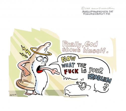 Cartoon: Finally_God shows himself. (medium) by MarcoFinkenstein tagged god,pope,condom,kondom,papst,gott,kirche,vatikan