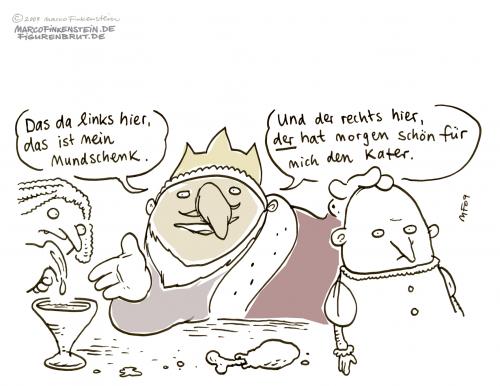 Cartoon: Mundschenk und Co. (medium) by MarcoFinkenstein tagged kater,könig,mundschenk,diener,vasallen,gefolgschaft,hörig,krone,hermelin,finger,trommeln,thron,saufen,praktisch