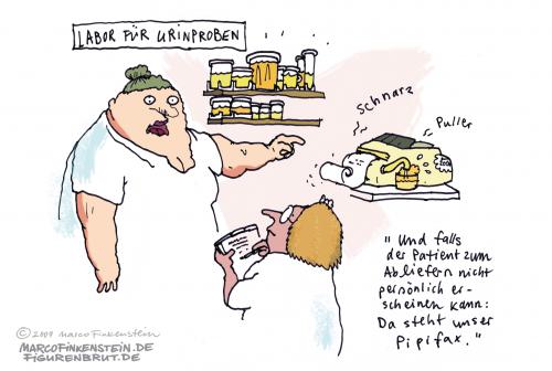 Cartoon: Pipifax (medium) by MarcoFinkenstein tagged pipifax,fax,pipi,azubi,arzt,labor,ausbildung,patient,gelb,urin,maschine,gerät,kittel,fett,abliefern,doktor