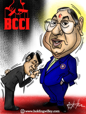 Cartoon: N srinivasan. BCCI president (medium) by crowpoint tagged india,sachin,tendulkar,ian,bell,lillee,cricket,ashes,fast,bowling,bodyline,aussie,australia,england,clarke,urn,oval,bcci,godfather,don,kiss