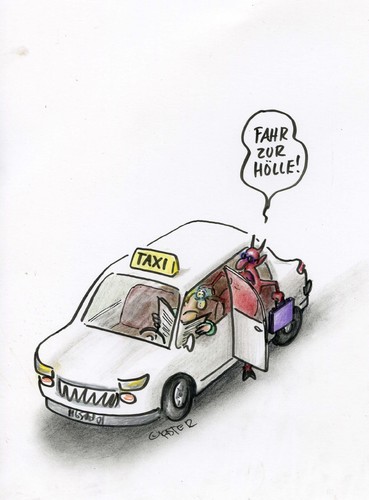 Cartoon: fahr zur hölle (medium) by Petra Kaster tagged taxi,hölle,teufel,öffentliche,verkehrsmittel,nahverkehr,fernverkehr,verkehr,straßenverkehr,satan,böse,fahren,autos,auto,genervt,stress,wut,wütend