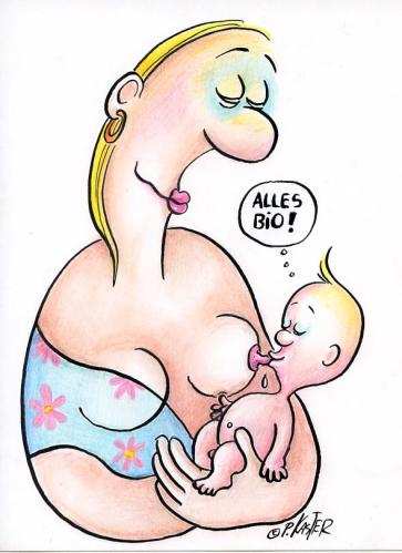 Cartoon: Öko Madonna (medium) by Petra Kaster tagged ernährung,gesunde,stillen,kind,und,mutter,lebensmittelskandale,saüglingspflege,babynahrung,ökologie