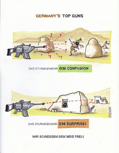 Cartoon: top guns (medium) by Petra Kaster tagged waffen,waffenhandel,kriege,waffenexporte,militär,bundeswehr,wirtschaft,betrug,korruption,g36,waffen,waffenhandel,kriege,waffenexporte,militär,bundeswehr,wirtschaft,betrug,korruption,g36