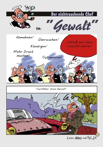 Cartoon: Der NRC in Gewalt (medium) by Marcel und Pel tagged gewalt,vandalismus,autoantenne,sachbeschädigung,manager,chef,arbeitnehmer,arbeitgeber,klassenkampf,betriebsklima,sozialabbau,neoliberalismus