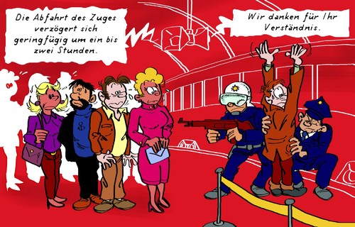 Cartoon: Mehr Sicherheit im Bahnverkehr (medium) by Marcel und Pel tagged reisen,bahnhof,kontrollen,sicherheitspolitik,sicherheit,antiterrormaßnahmen,terrorismus,fernverkehr,bahnverkehr,eisenbahn,eisenbahn,bahnverkehr,fernverkehr,terrorismus,antiterrormaßnahmen,sicherheit,sicherheitspolitik,kontrollen,bahnhof,reisen