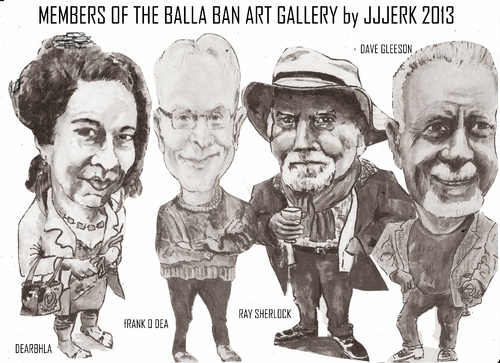 Cartoon: Balla Ban Art Gallery members (medium) by jjjerk tagged balla,bawn,dearbhla,gallery,ray,sherlock,dave,gleeson,westbury,mall,dublin,ireland,irish,cartoon,caricature,overcoat,glass,wine,artist,junk,sale,famous