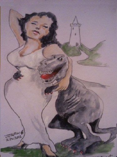 Cartoon: Beauty and the Beast (medium) by jjjerk tagged beauty,beast,caricature,castle,dinasaur,white,dress,fantacy,fairytale