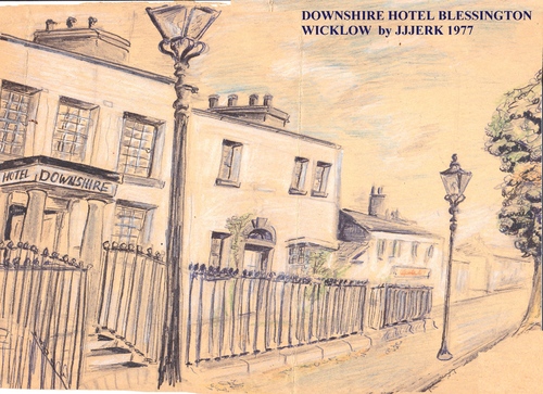 Cartoon: Downshire Hotel (medium) by jjjerk tagged downshire,hotel,cartoon,ireland,blessington,wicklow,lamp,post,railing,lights