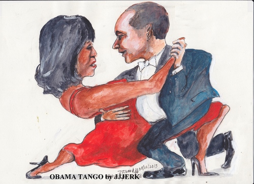 Cartoon: Obama tango (medium) by jjjerk tagged obama,president,michelle,wife,husband,cartoon,caricature,red,united,states,dance,tango