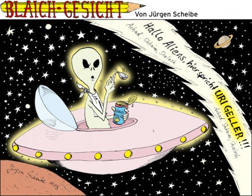 Cartoon: Uri und die Aliens (medium) by Scheibe tagged uri,geller,löffel,alien,venusmuscheln,achad,shtaim,shalosh,ufo,weltraum,space,kontakt