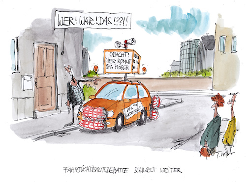 Cartoon: wer war das (medium) by plassmann tagged verkehr,fahrerlaubnis,fahrtüchtigkeit,demografie,alter