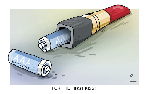 Cartoon: For the FIRST KISS! (medium) by LAP tagged first,kiss,lipstick,aaa,battery,lips,woman,girls