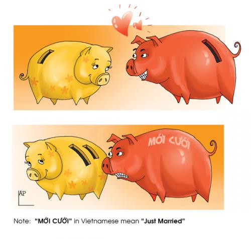 Cartoon: Just married (medium) by LAP tagged piggy,bank,love,woman,just,married,money