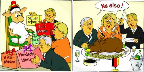 Cartoon: Vor der Wahl - nach der Wahl (medium) by MiS09 tagged merkel,steinmeier,westerwelle,wahl,wahlkampf,wahlgeschenke,bundestagswahl,rentenerhöhung,steuerreform,mündiger,bürger,politiker,versprechen,der