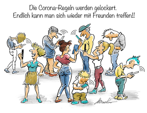 Cartoon: Kontaktbeschränkungen (medium) by Michael Becker tagged corona,handy,kontakt,isolation,handynacken