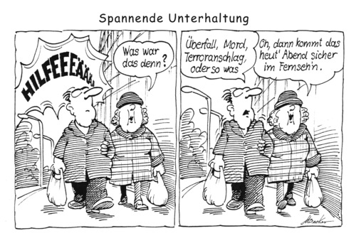 Cartoon: Überfall (medium) by Michael Becker tagged ehepaar,straße,einkauf,hilferuf,fernsehen,nachrichten,unterhaltung