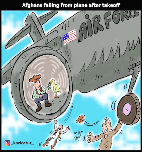Cartoon: Afghans falling from plane after (medium) by Hossein Kazem tagged afghans,falling,from,plane,after,takeoff