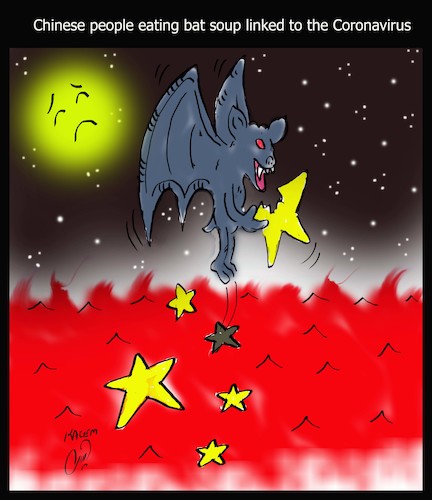Cartoon: Chinese people eating bat soup (medium) by Hossein Kazem tagged bat,soup,coronavirus