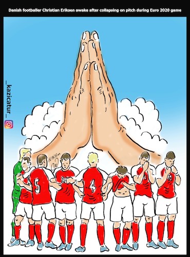 Cartoon: Danish footballer (medium) by Hossein Kazem tagged danish,footballer,christian,eriksen,awake,after,collapsing,on,pitch,during,euro,2020,game