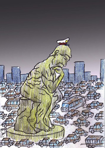 Cartoon: thinker and traffic (medium) by Hossein Kazem tagged thinker,and,traffic