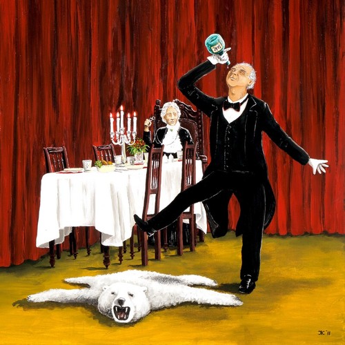 Cartoon: Dinner for one auf Gothsch (medium) by kunstkai tagged auf,theater,kult,silvester,one,for,dinner,gothsch,gotha,dialekt,eisbär,knut,neujahr,feier,miss,sophie,james,schluder,diener,betrunken,90,geburtstag,gemälde,cover,illustration,schwarz,rot,gold,original