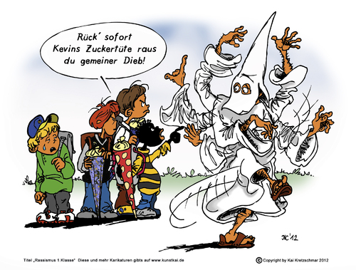 Cartoon: Rassismus 1.Klasse (medium) by kunstkai tagged bunt,lustig,korrekt,politisch,weiss,schwarz,klan,klux,klu,schuleinführung,zuckertüte,schultüte,klasse,erste,rassismus,karikatur,cartoon,kretzschmar,kai,kunstkai